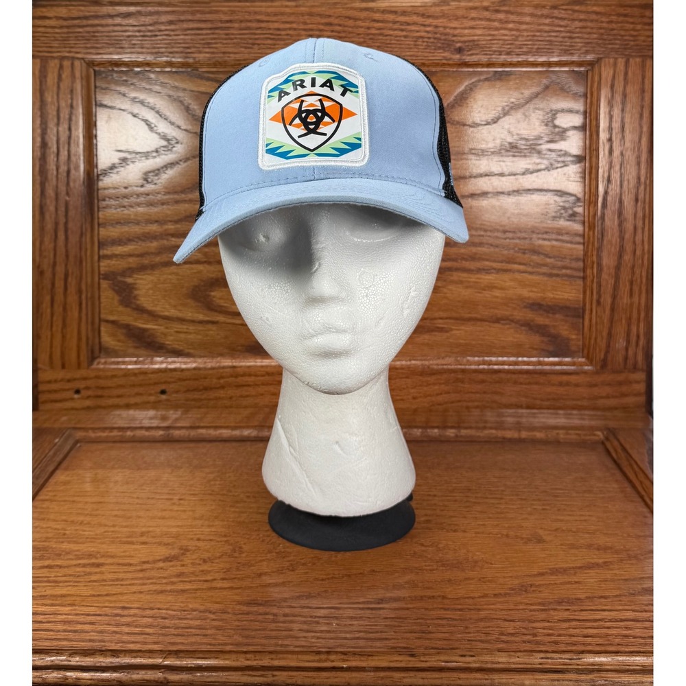 Ariat Light Blue Black Mesh Patch Snapback Trucker Hat Cap